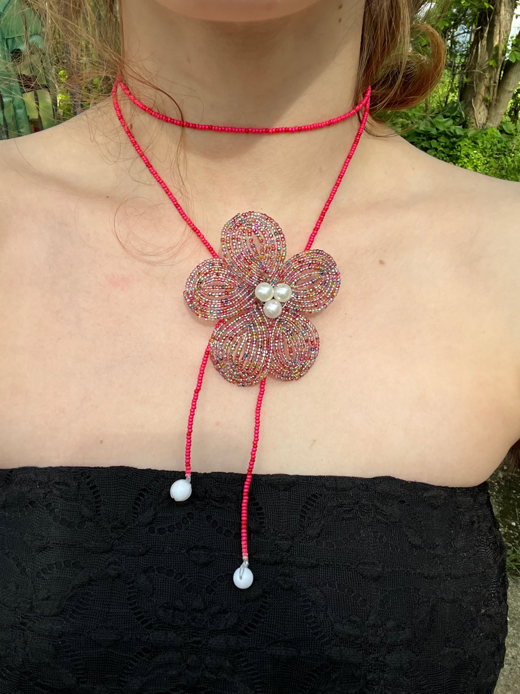 Pink beaded flower lariat necklace