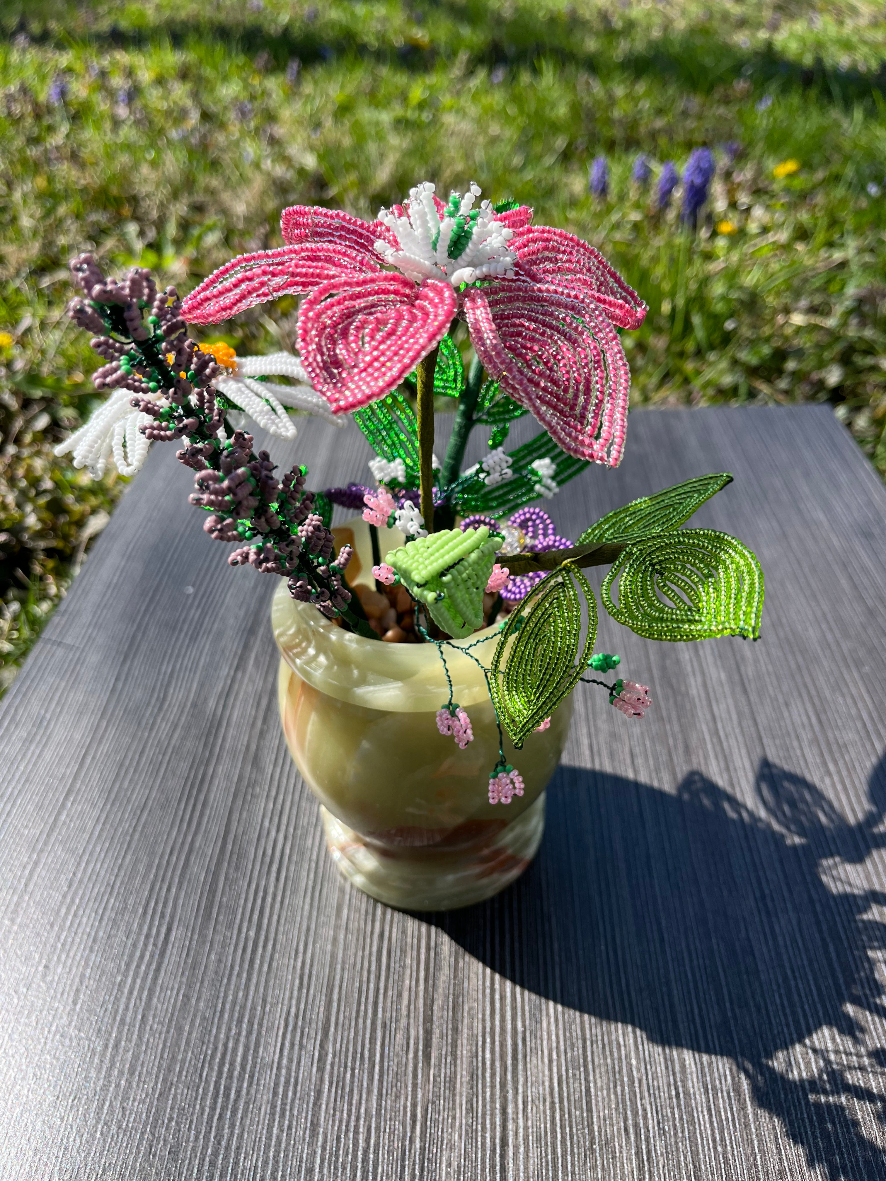 French beaded flowers in a green onyx vase