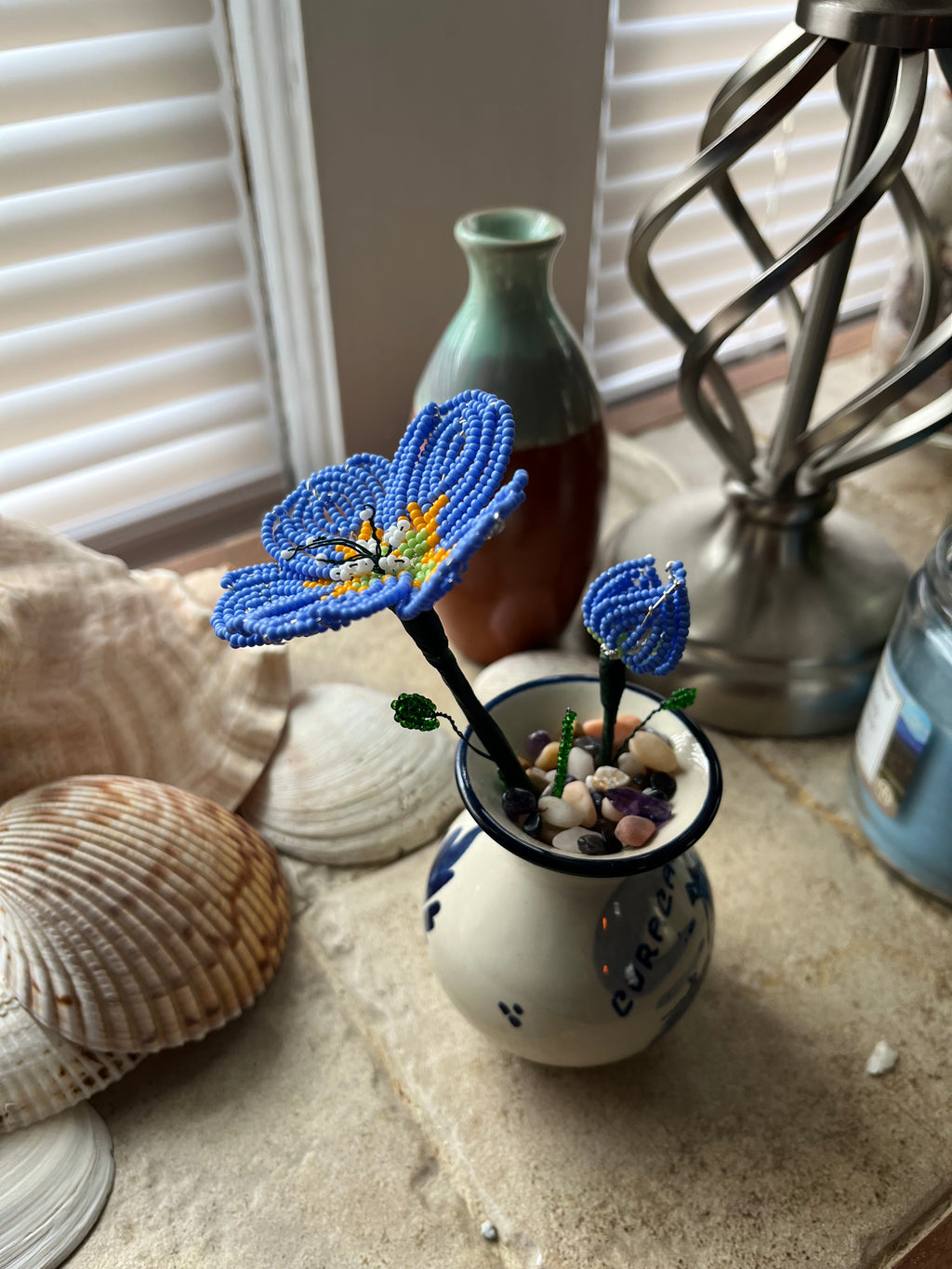 French beaded blue flax flower