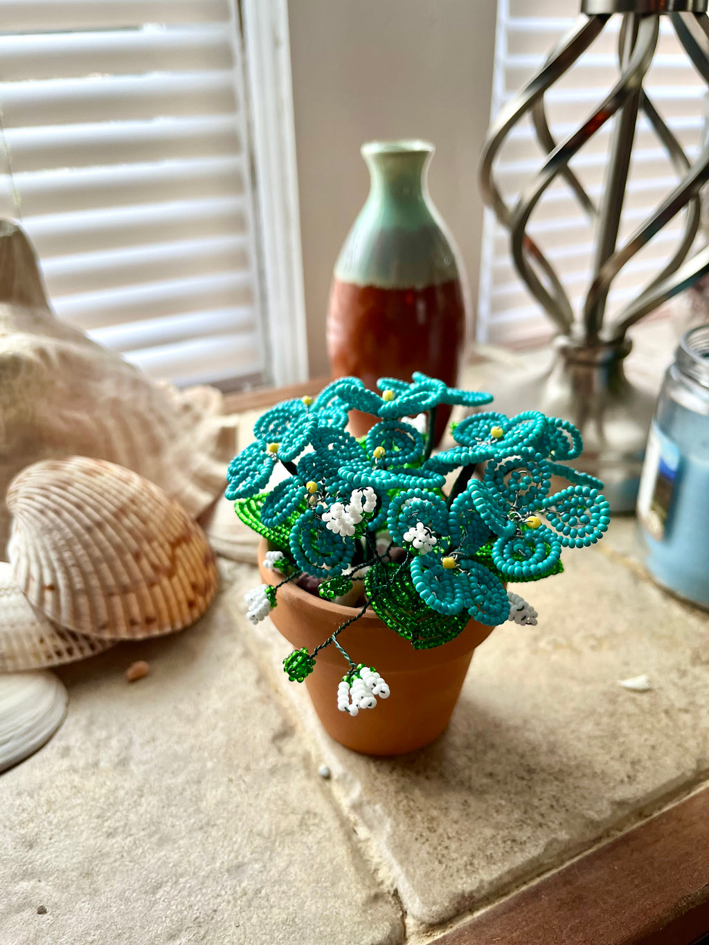 French beaded blue flowers! Artificial beaded hydrangea bunch with baby’s breath.