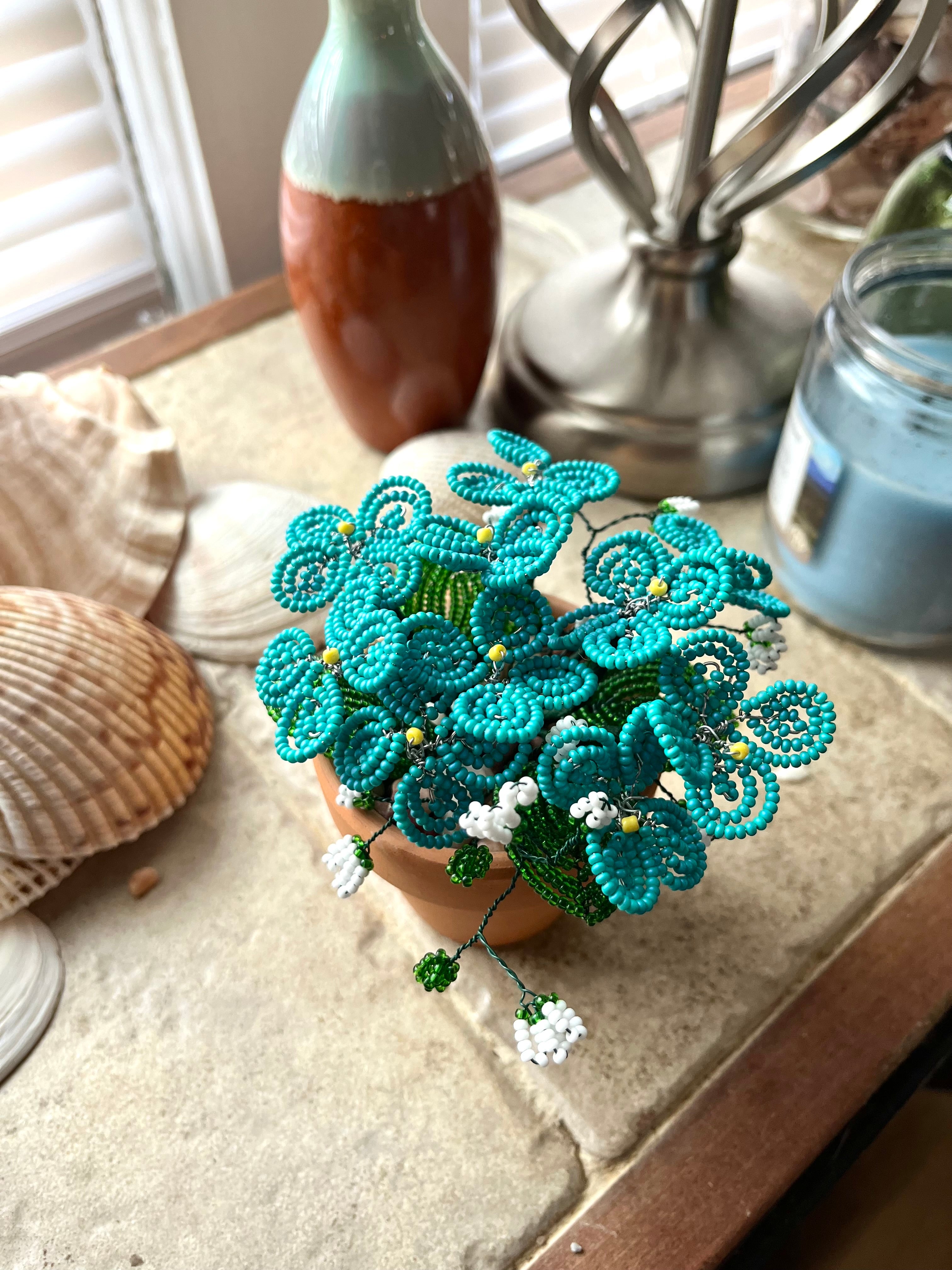French beaded blue flowers! Artificial beaded hydrangea bunch with baby’s breath.