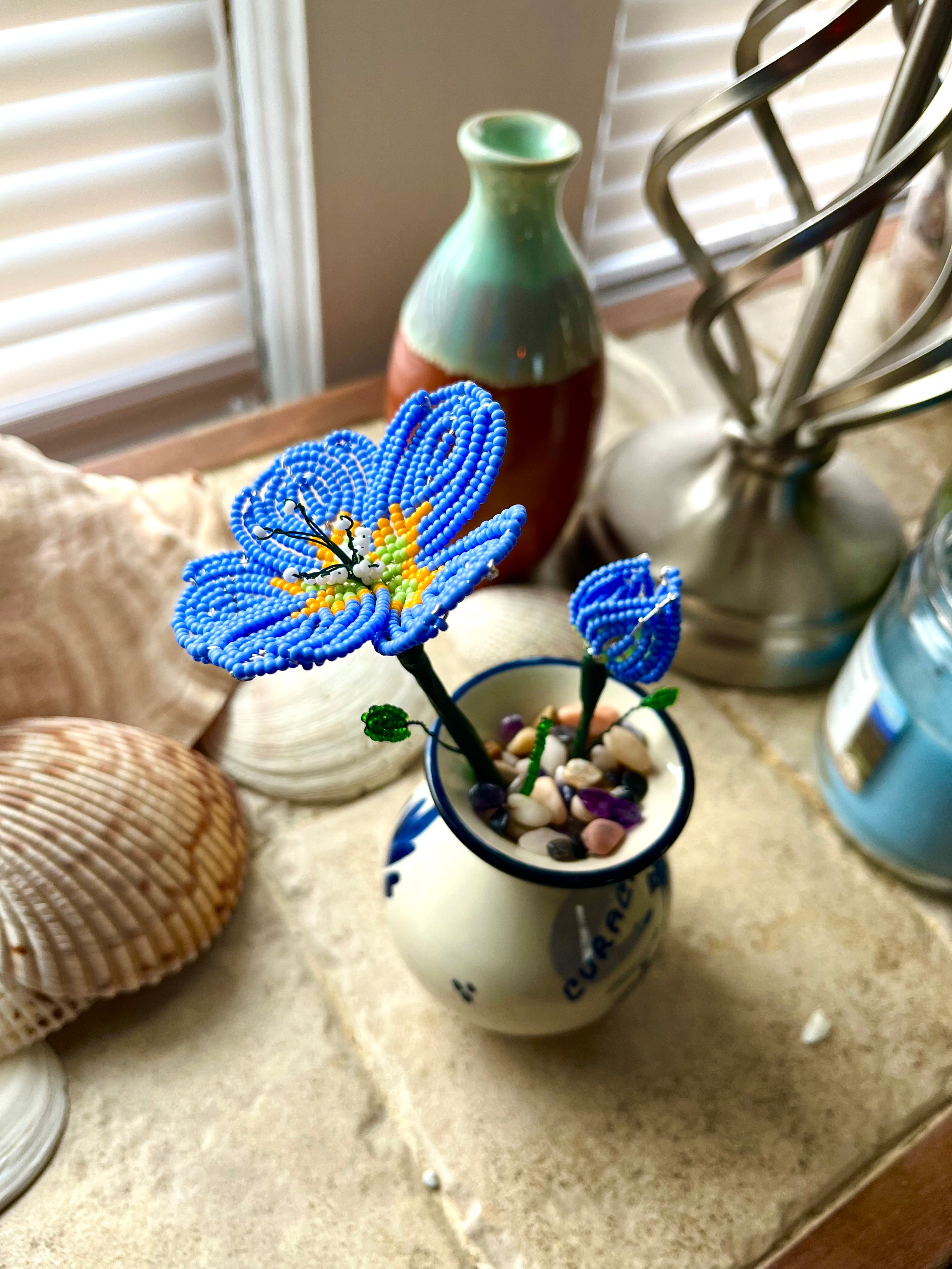 French beaded blue flax flower