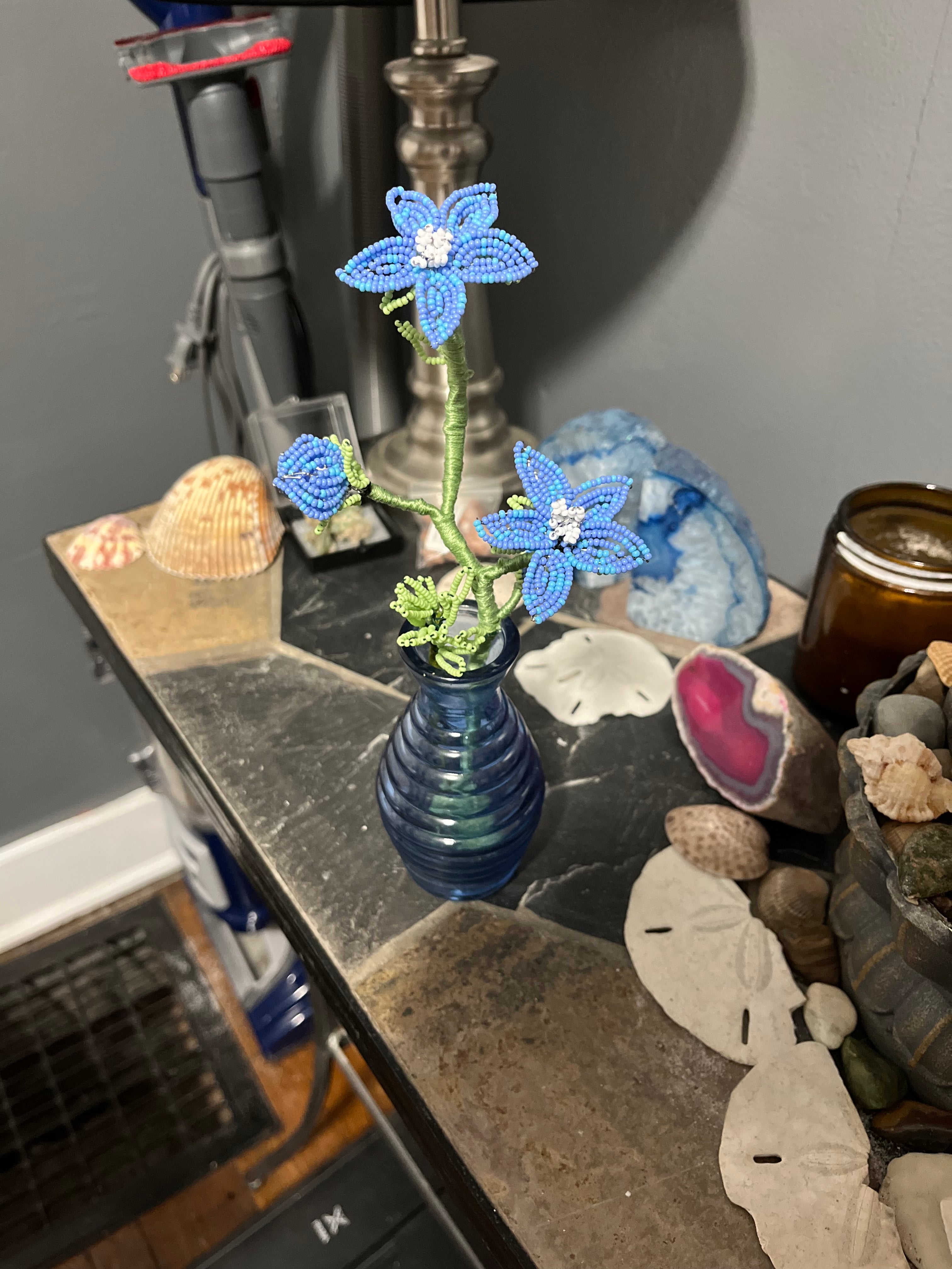 Mini blue French beaded flowers