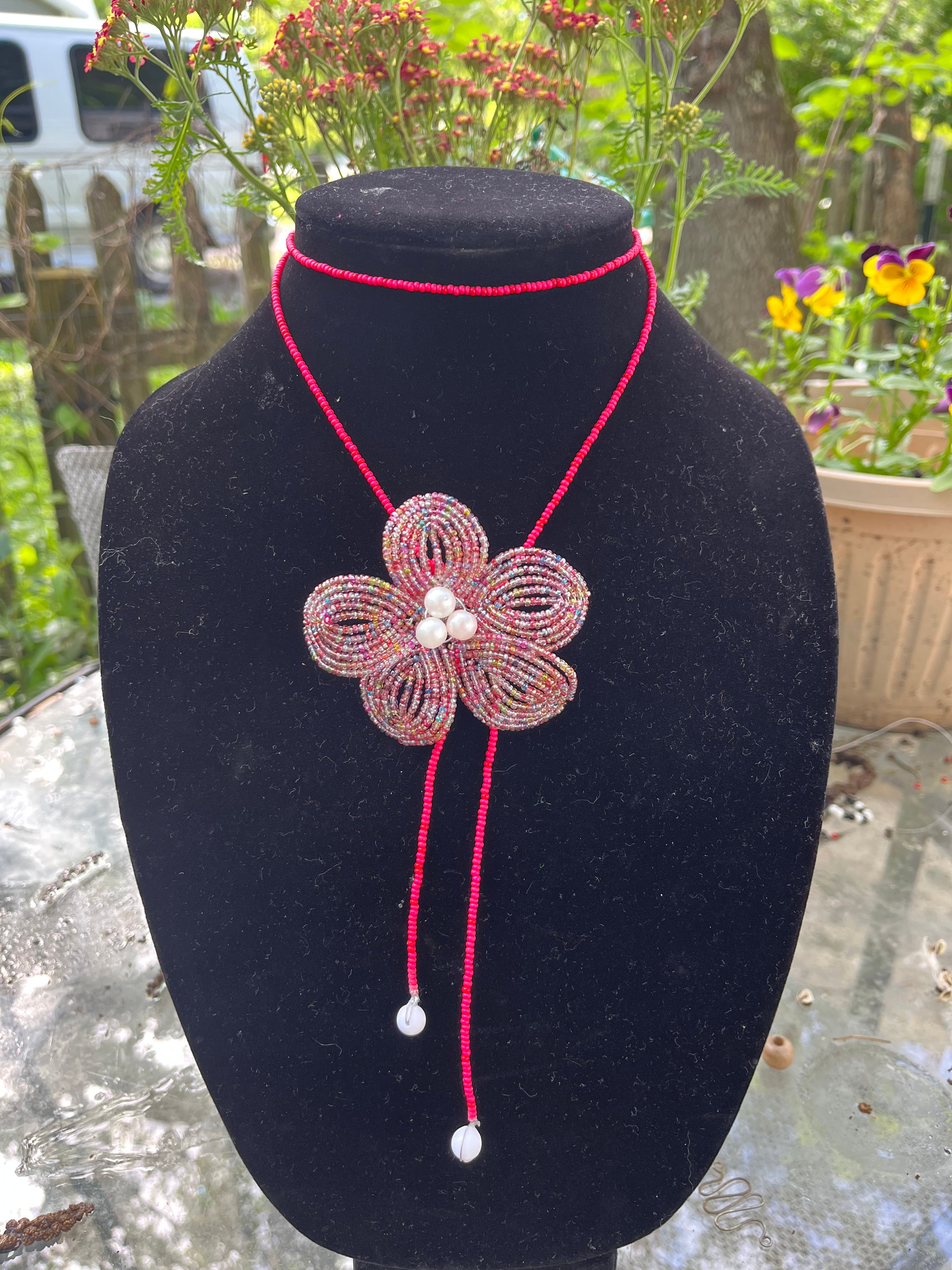 Pink beaded flower lariat necklace